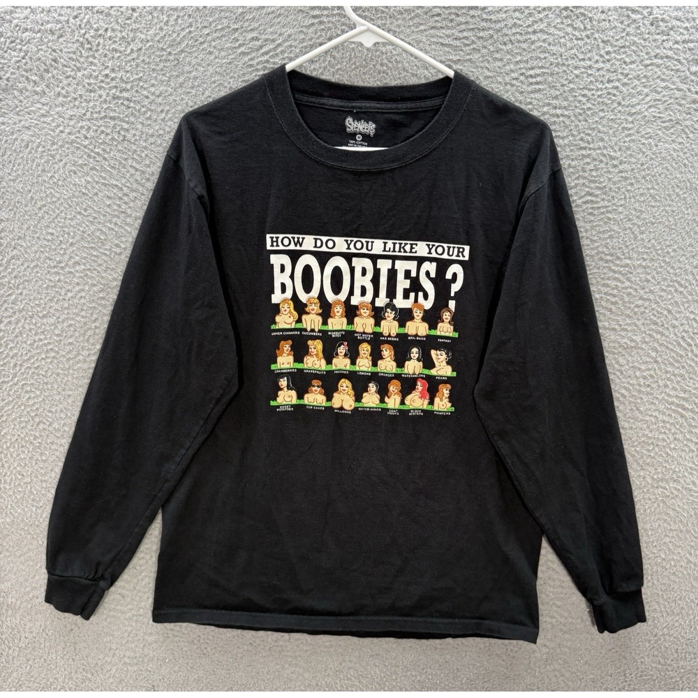 Spencers Shirt Adult Medium Black Crewneck Grunge Skater Boobs Faded Y2K Mens